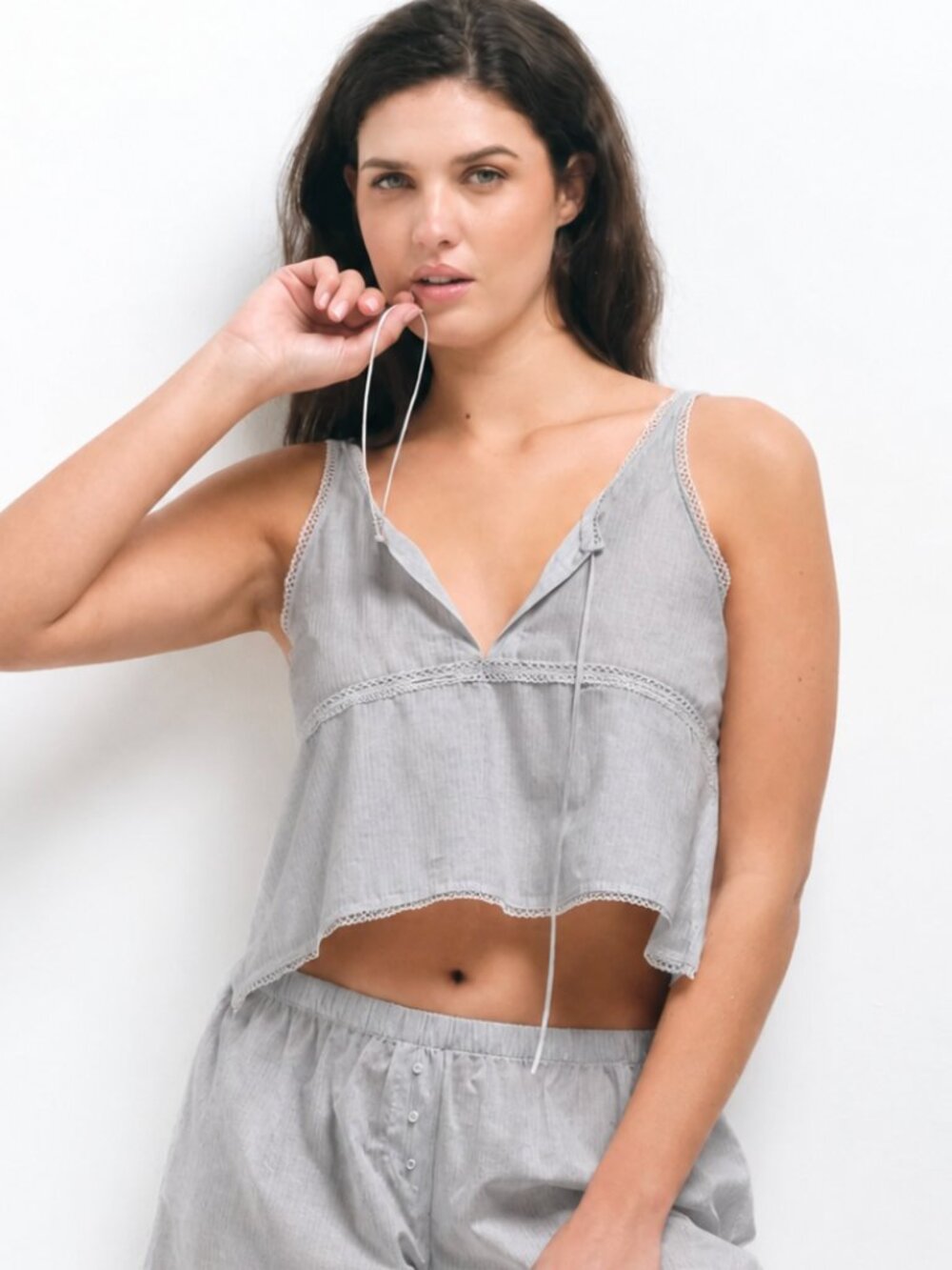 ANDINE Lulu Lyon Crop Tank Top Lace Trim Babydoll Medium Gray M $110